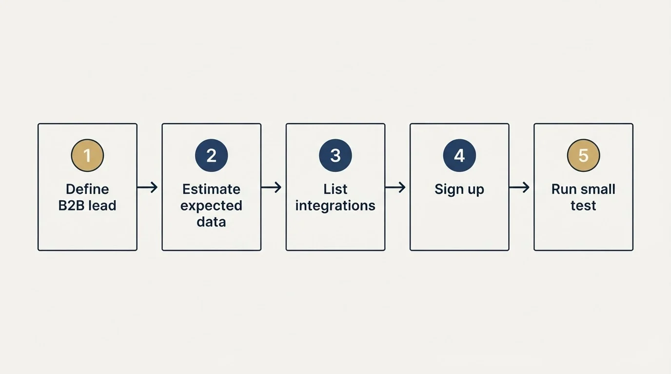 Step sequence: Getting Started Checklist (Define B2B lead, Estimate expected data, List integrations, Sign up)
