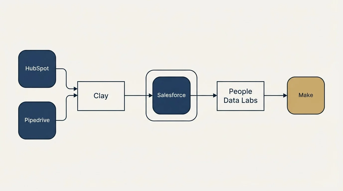 Integration schematic: Integration Ecosystem (Clay, People Data Labs, Salesforce, HubSpot)