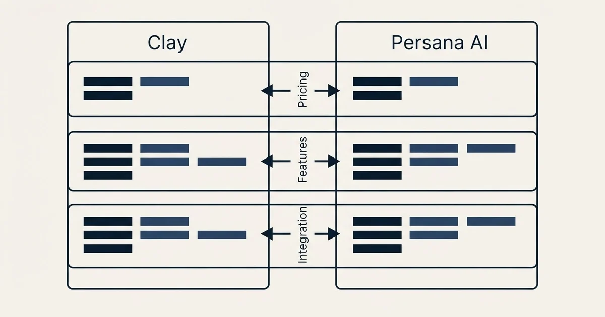 Comparison panel: Clay vs Persana AI (Pricing, Features, Integration)