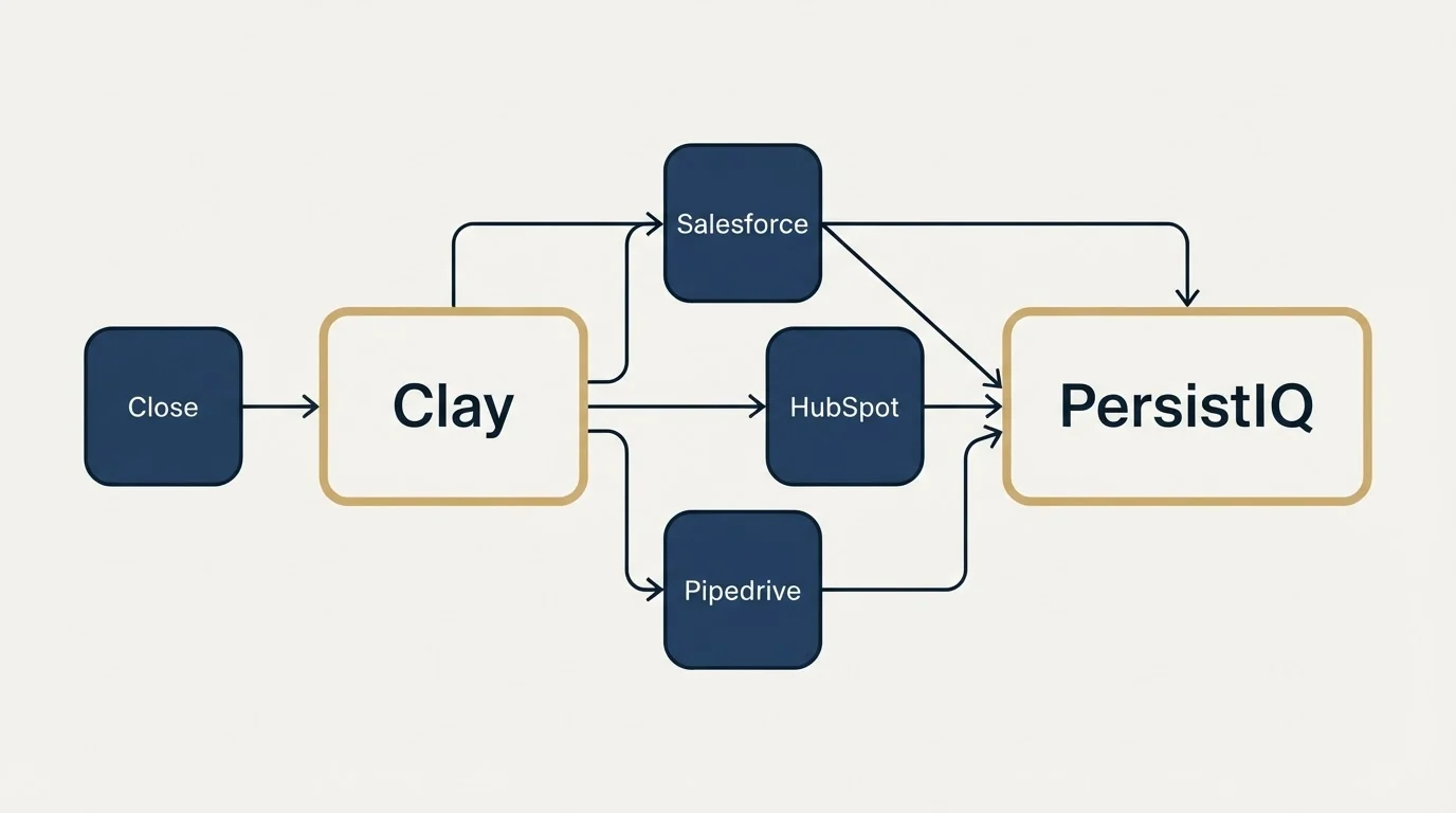 Integration schematic: Integration Ecosystem (Clay, PersistIQ, Salesforce, HubSpot)