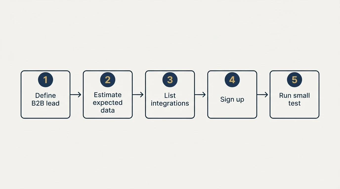 Step sequence: Getting Started Checklist (Define B2B lead, Estimate expected data, List integrations, Sign up)