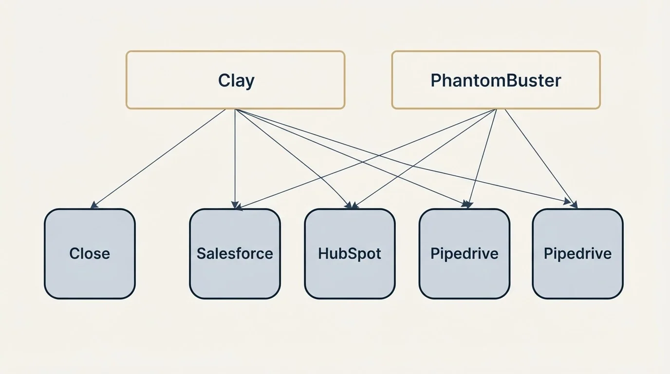 Integration grid: Integration Ecosystem (Clay, PhantomBuster, Salesforce, HubSpot)