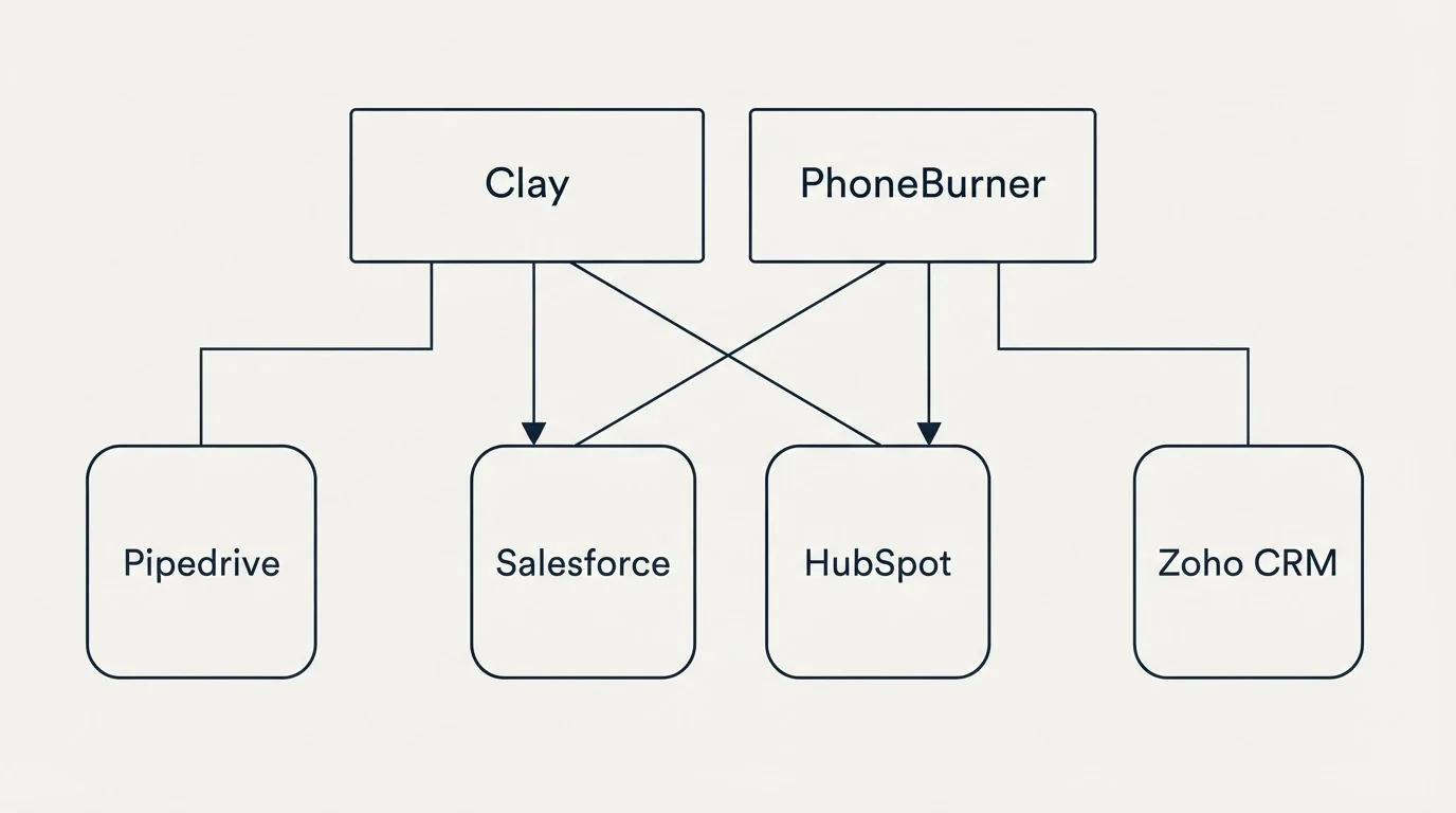 Integration grid: Integration Ecosystem (Clay, PhoneBurner, Salesforce, HubSpot)