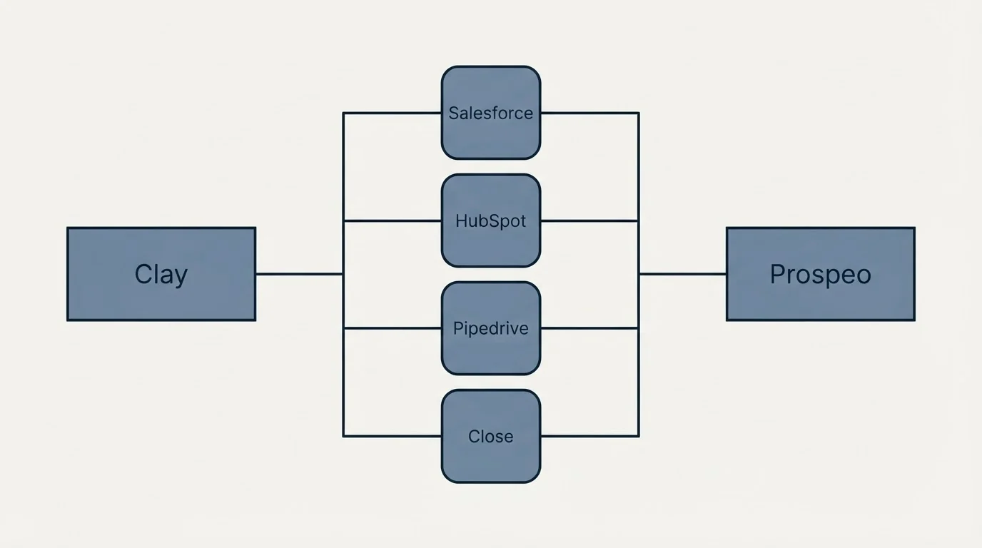 Integration flow: Integration Ecosystem (Clay, Prospeo, Salesforce, HubSpot)