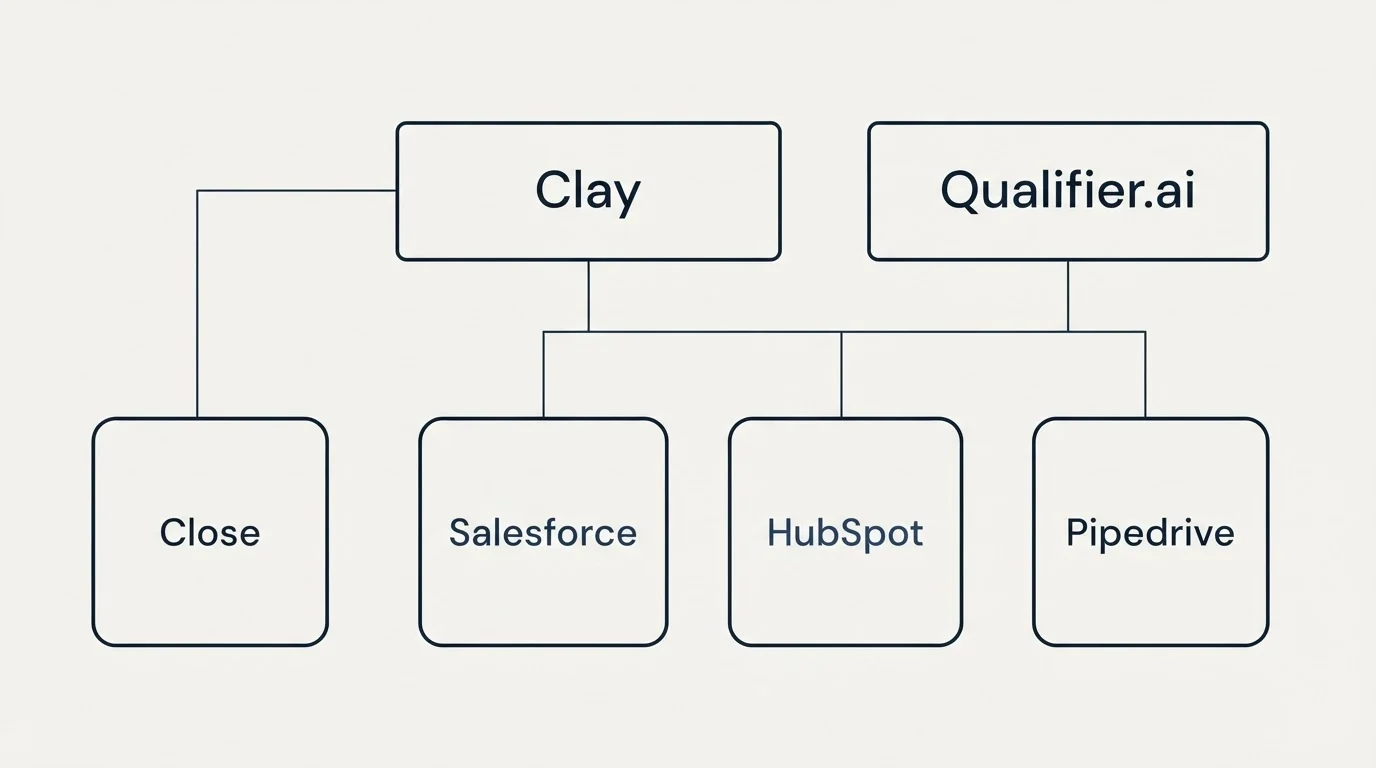 Integration grid: Integration Ecosystem (Clay, Qualifier.ai, Salesforce, HubSpot)
