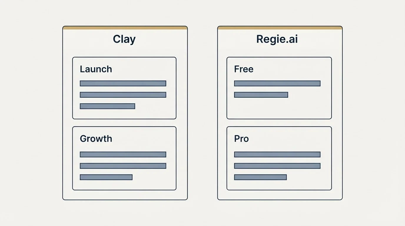 Pricing panels: Pricing Comparison (Clay, Regie.ai, Launch, Free)