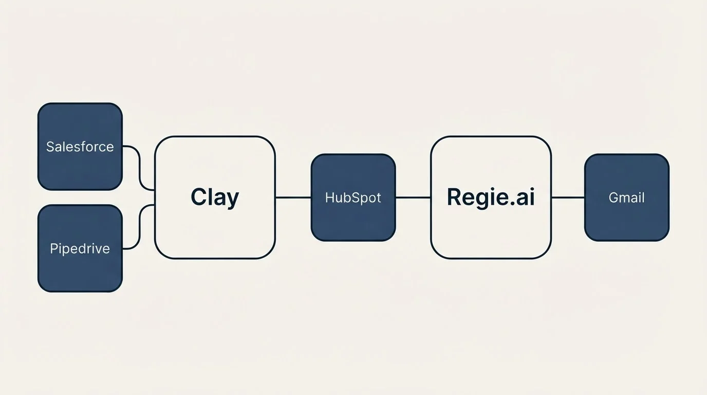 Integration schematic: Integration Ecosystem (Clay, Regie.ai, HubSpot, Salesforce)