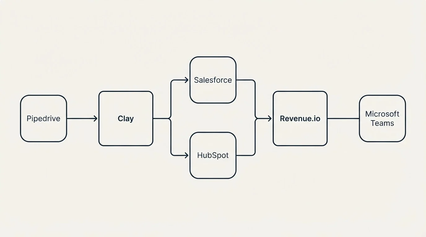 Integration flow: Integration Ecosystem (Clay, Revenue.io, Salesforce, HubSpot)