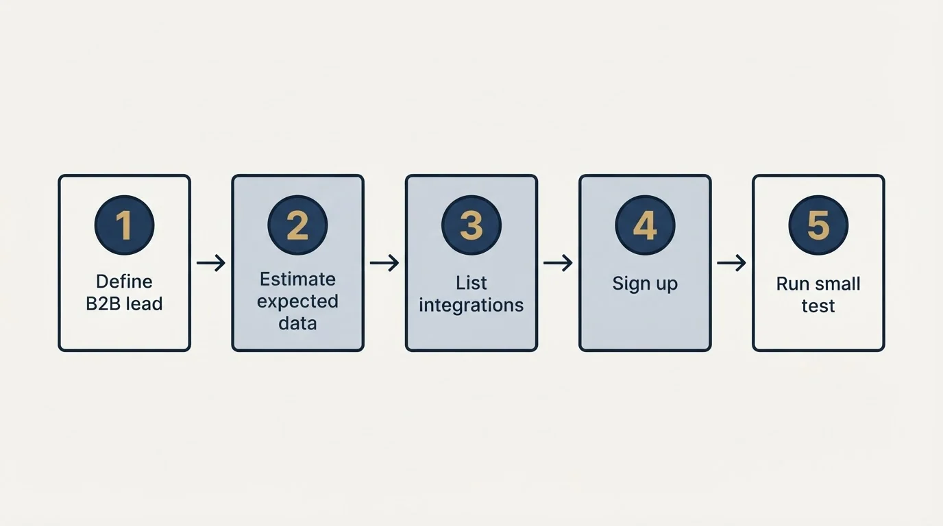 Step sequence: Getting Started Checklist (Define B2B lead, Estimate expected data, List integrations, Sign up)