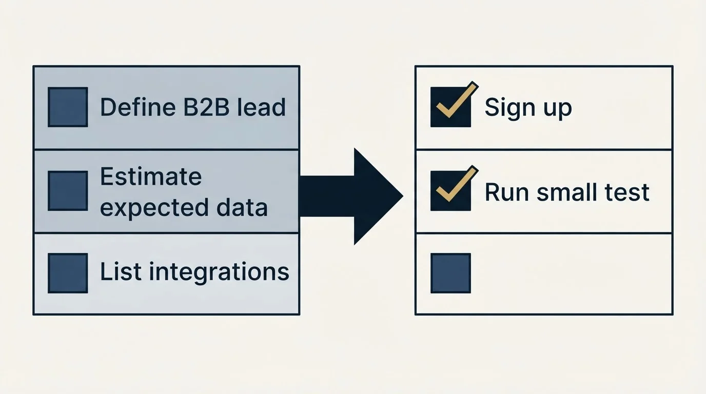 Before-and-after steps: Getting Started Checklist (Define B2B lead, Estimate expected data, List integrations, Sign up)