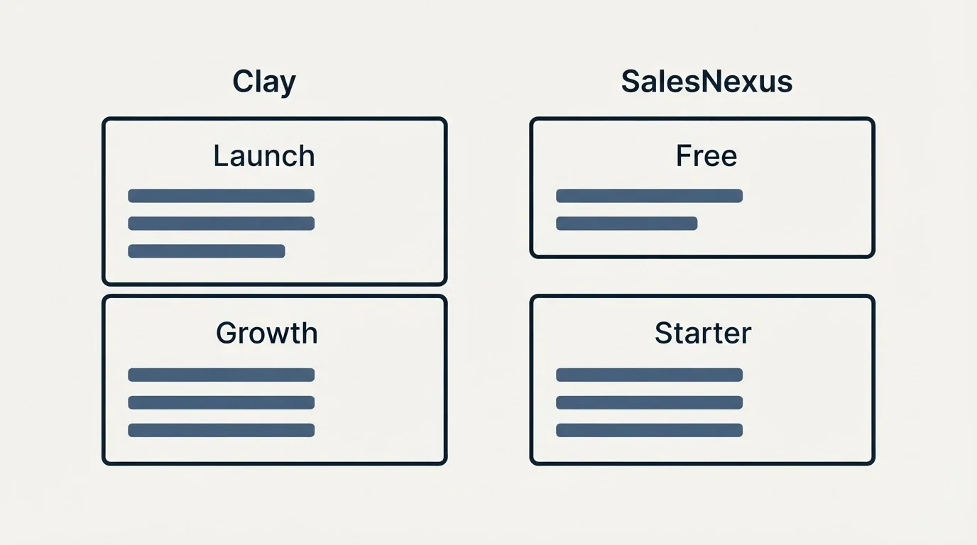 Pricing panels: Pricing Comparison (Clay, SalesNexus, Launch, Free)