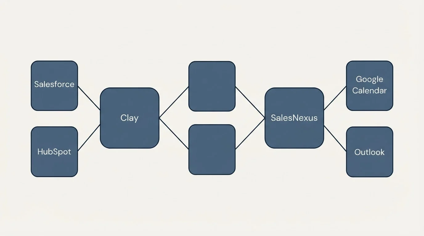 Integration schematic: Integration Ecosystem (Clay, SalesNexus, Salesforce, Google Calendar)