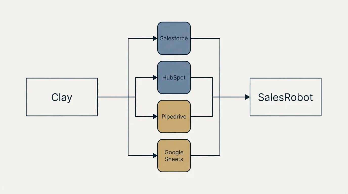 Integration flow: Integration Ecosystem (Clay, SalesRobot, Salesforce, HubSpot)