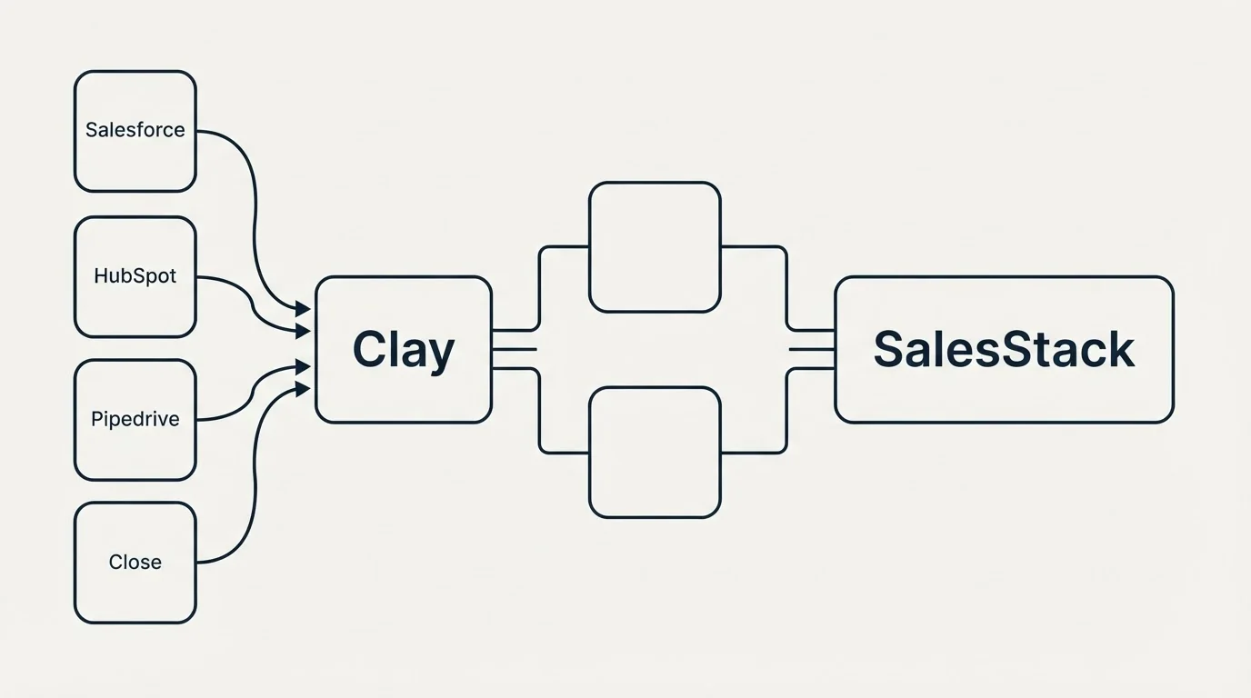 Integration flow: Integration Ecosystem (Clay, SalesStack, Salesforce, HubSpot)