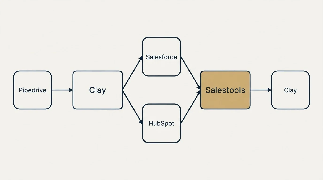 Integration schematic: Integration Ecosystem (Clay, Salestools, Salesforce, HubSpot)