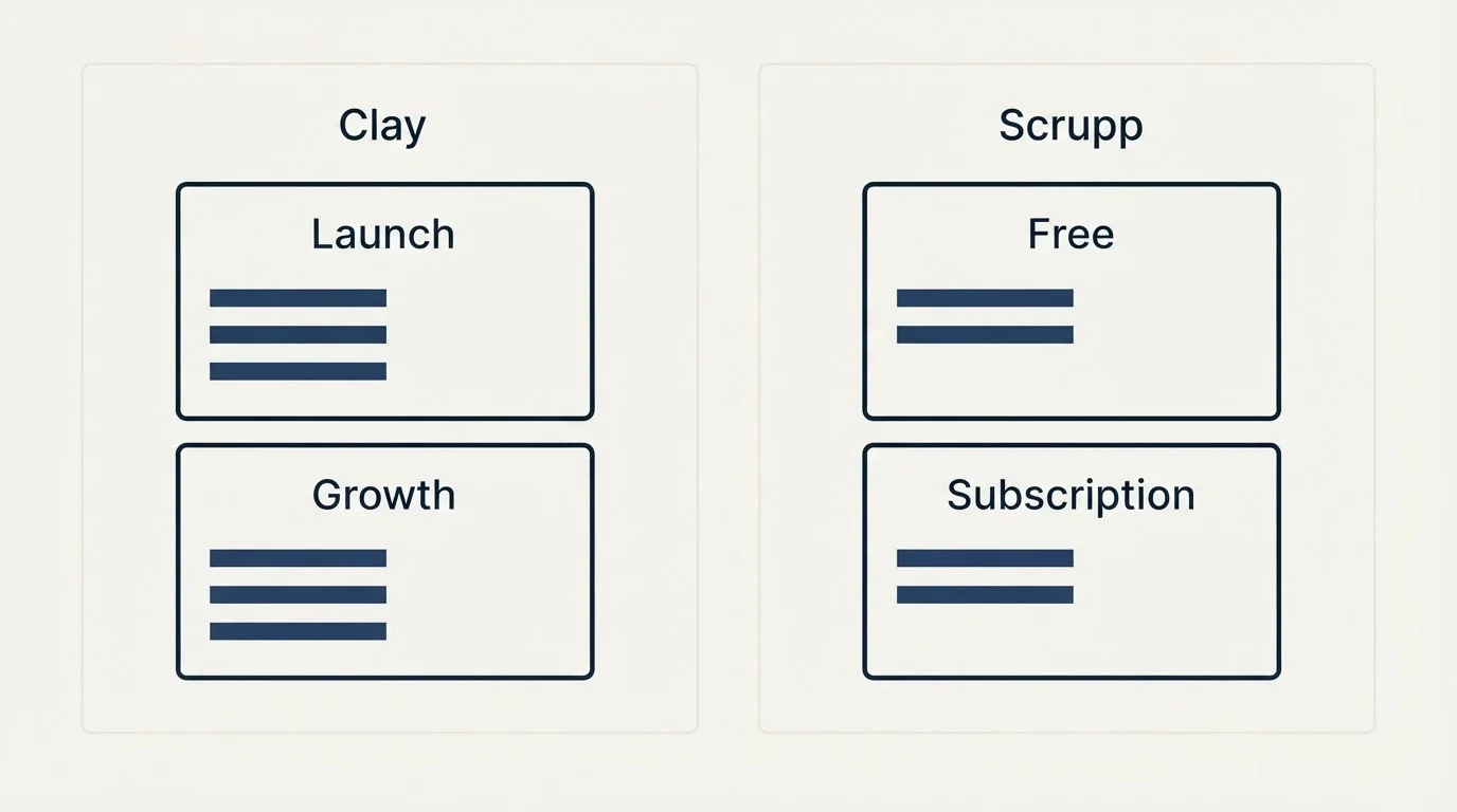 Pricing panels: Pricing Comparison (Clay, Scrupp, Launch, Free)