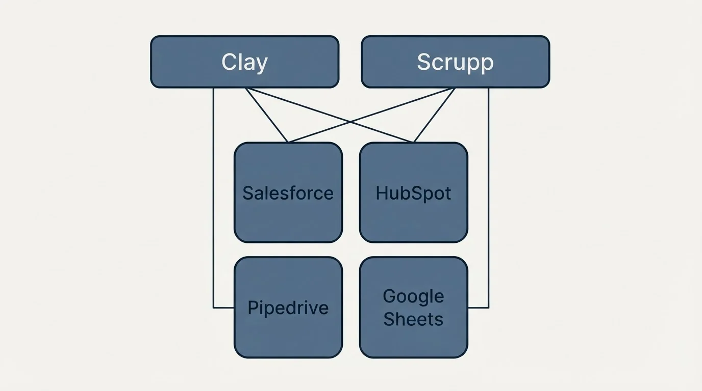Integration grid: Integration Ecosystem (Clay, Scrupp, Salesforce, HubSpot)