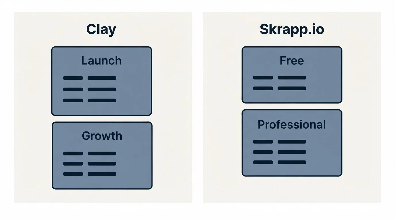 Pricing panels: Pricing Comparison (Clay, Skrapp.io, Launch, Free)