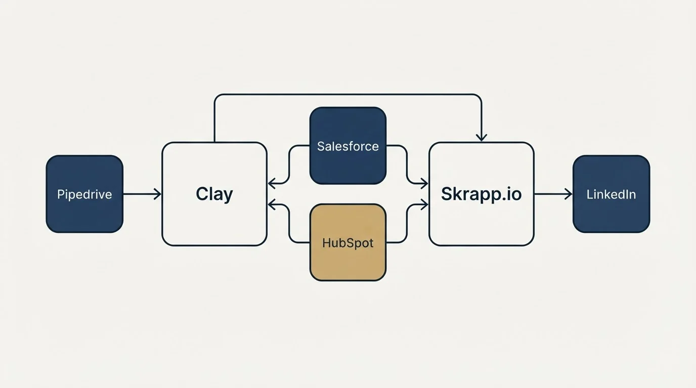 Integration schematic: Integration Ecosystem (Clay, Skrapp.io, Salesforce, HubSpot)