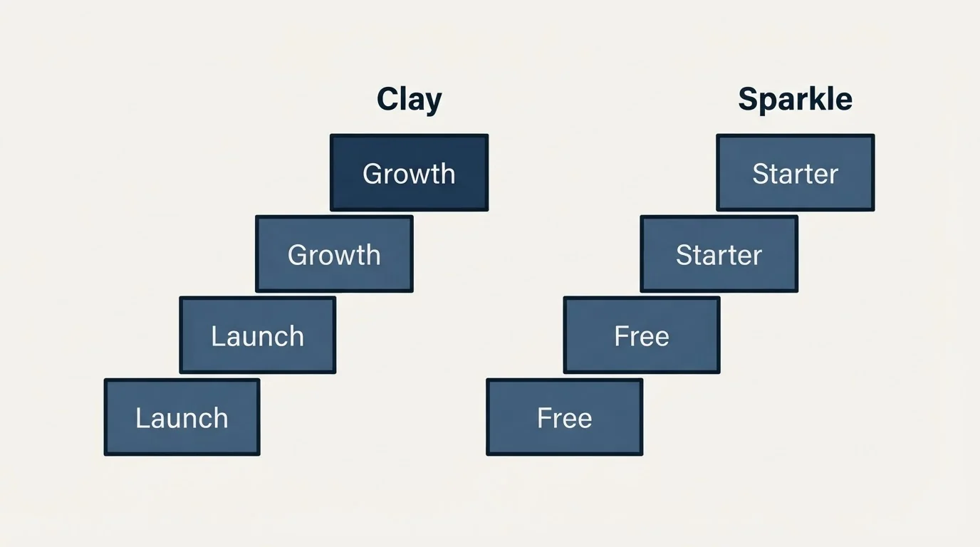 Pricing ladder: Pricing Comparison (Clay, Sparkle, Launch, Free)
