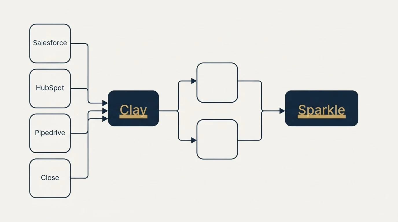 Integration flow: Integration Ecosystem (Clay, Sparkle, Salesforce, HubSpot)