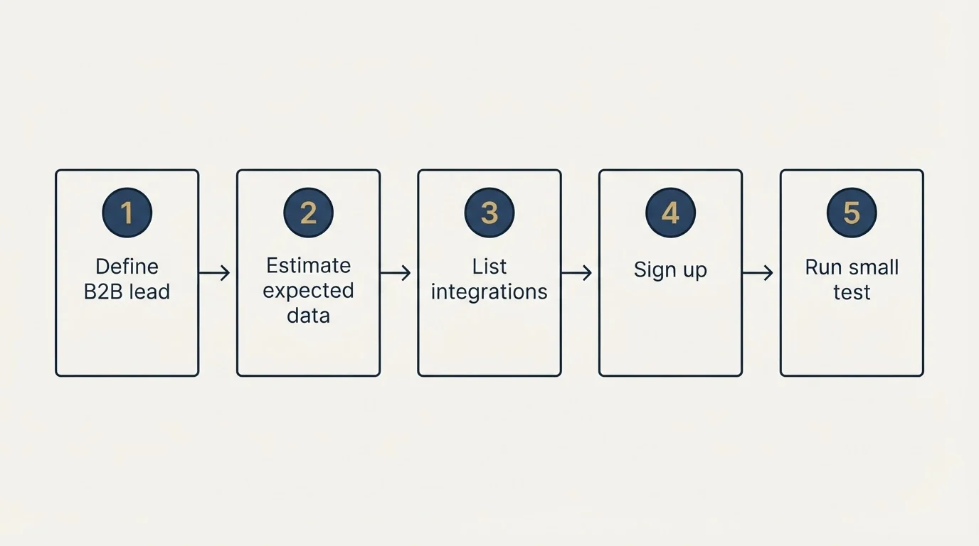 Step sequence: Getting Started Checklist (Define B2B lead, Estimate expected data, List integrations, Sign up)