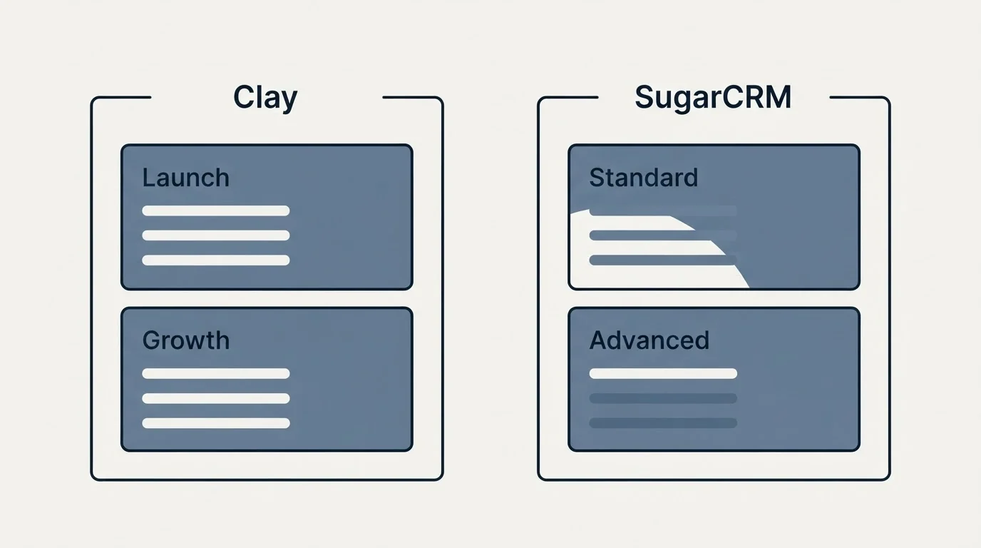 Pricing panels: Pricing Comparison (Clay, SugarCRM, Launch, Standard)