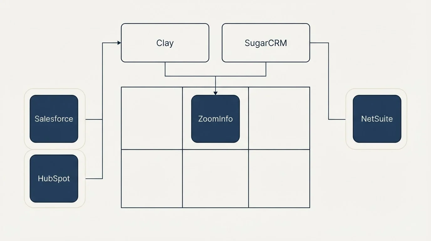 Integration grid: Integration Ecosystem (Clay, SugarCRM, ZoomInfo, Salesforce)