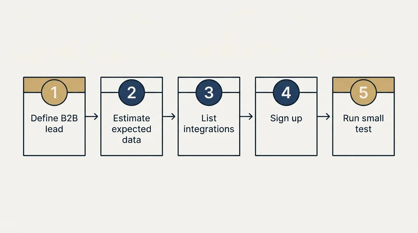 Step sequence: Getting Started Checklist (Define B2B lead, Estimate expected data, List integrations, Sign up)