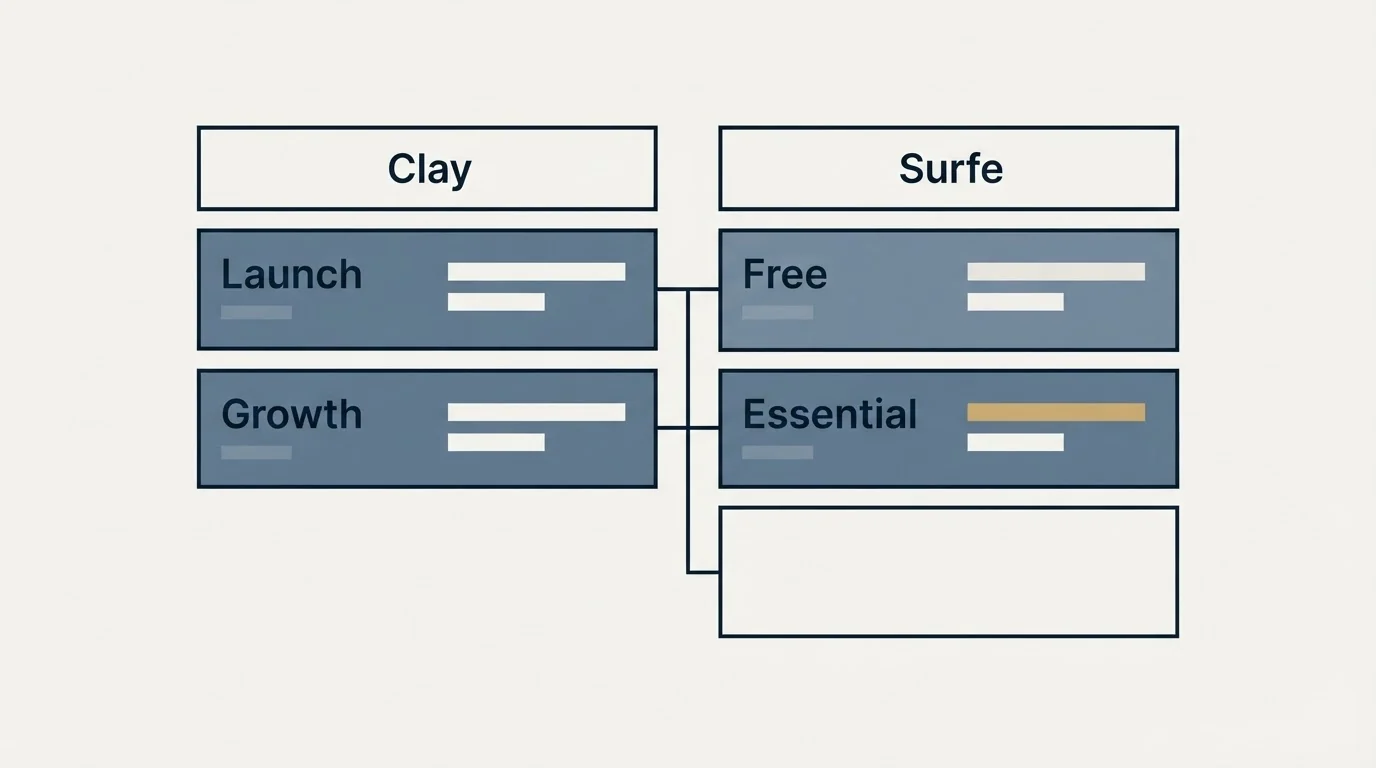 Pricing table: Pricing Comparison (Clay, Surfe, Launch, Free)