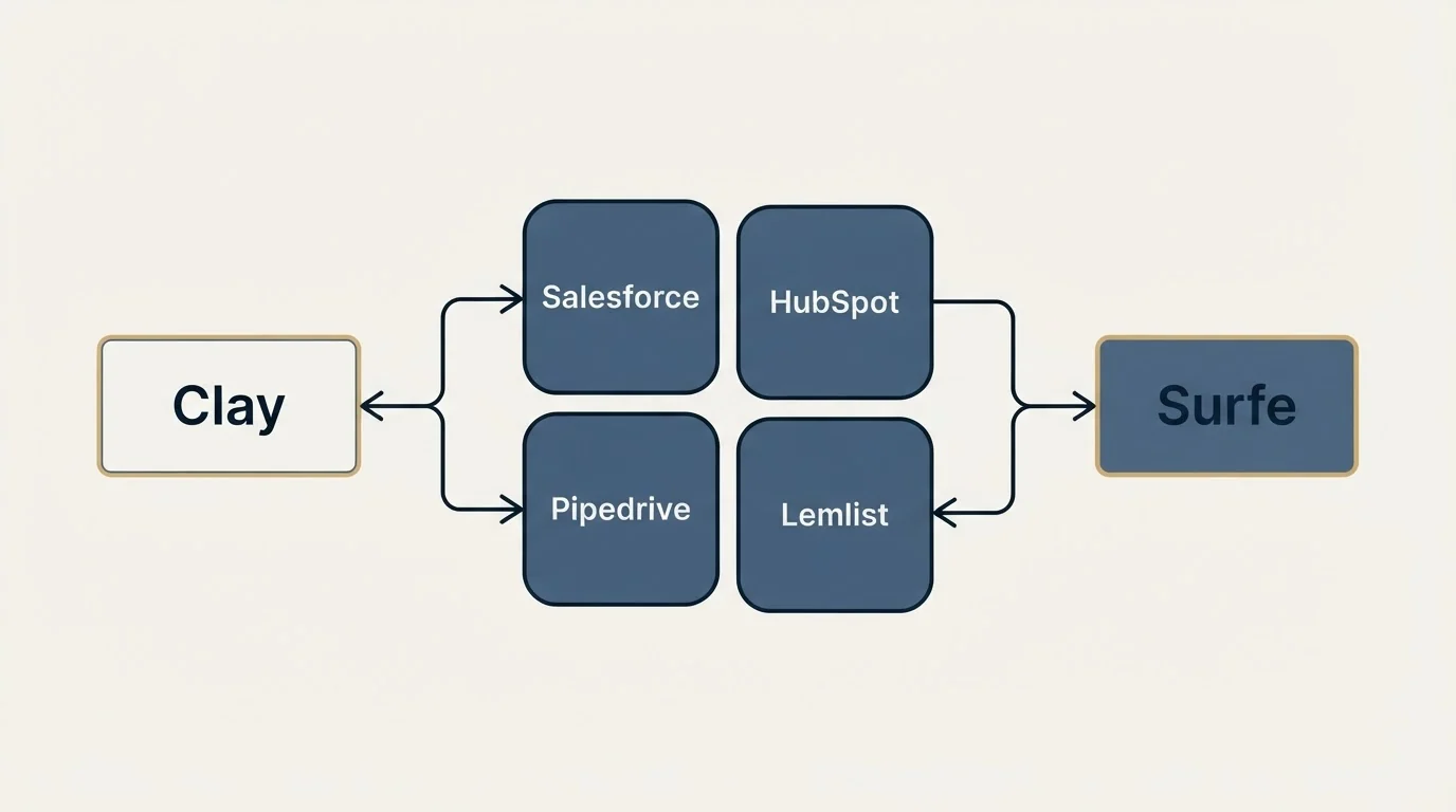Integration schematic: Integration Ecosystem (Clay, Surfe, Salesforce, HubSpot)