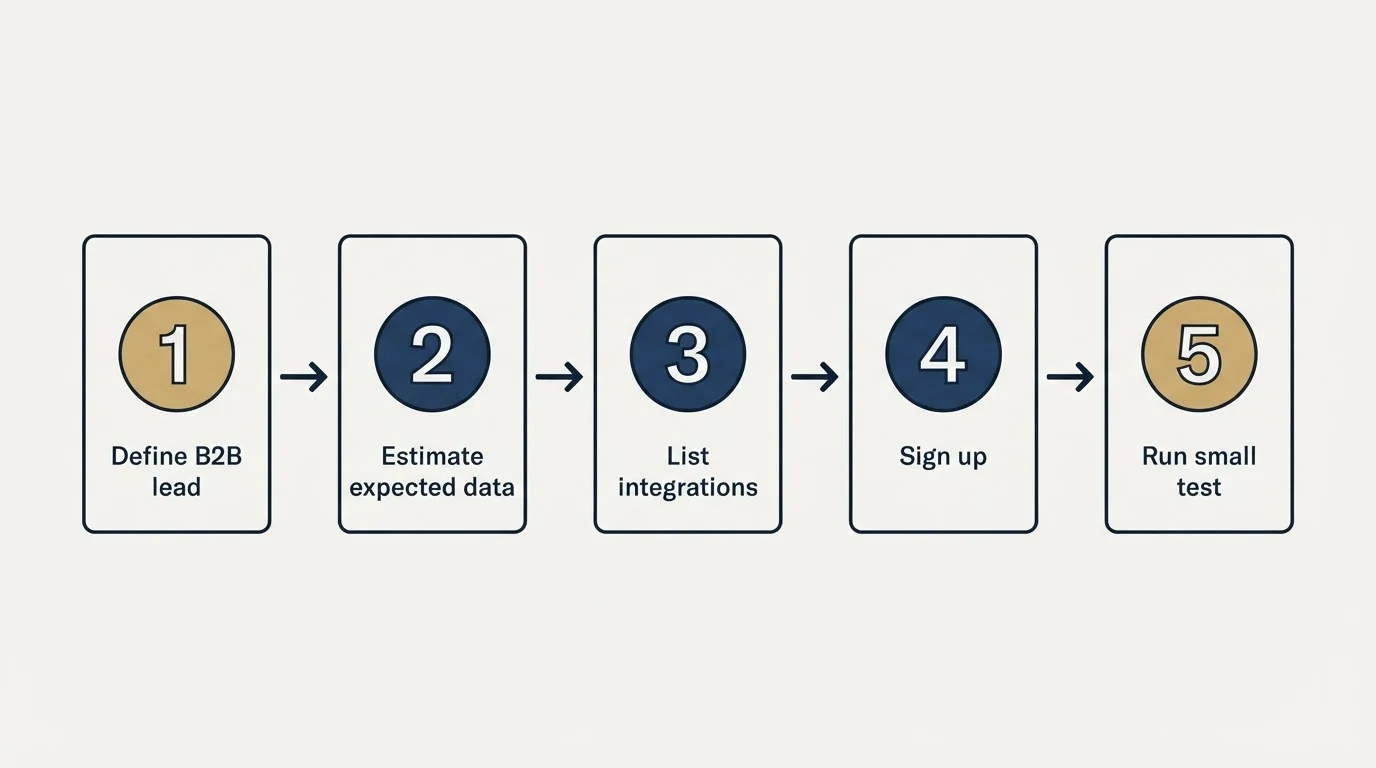 Step sequence: Getting Started Checklist (Define B2B lead, Estimate expected data, List integrations, Sign up)