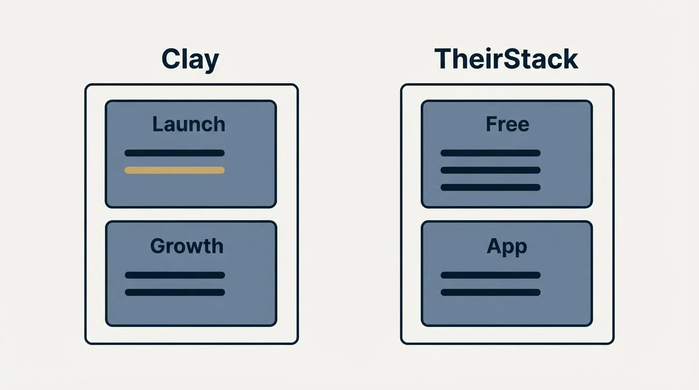 Pricing panels: Pricing Comparison (Clay, TheirStack, Launch, Free)