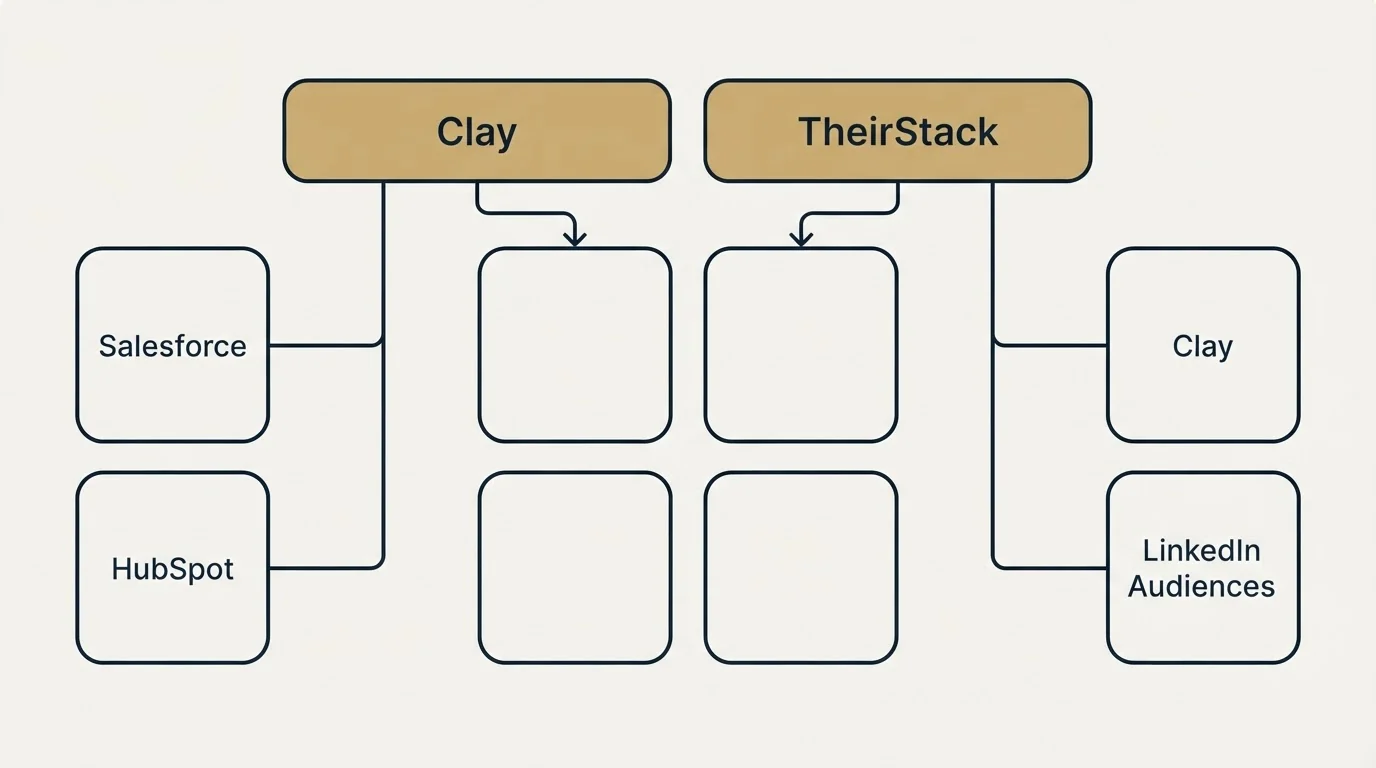 Integration grid: Integration Ecosystem (Clay, TheirStack, Salesforce, HubSpot)