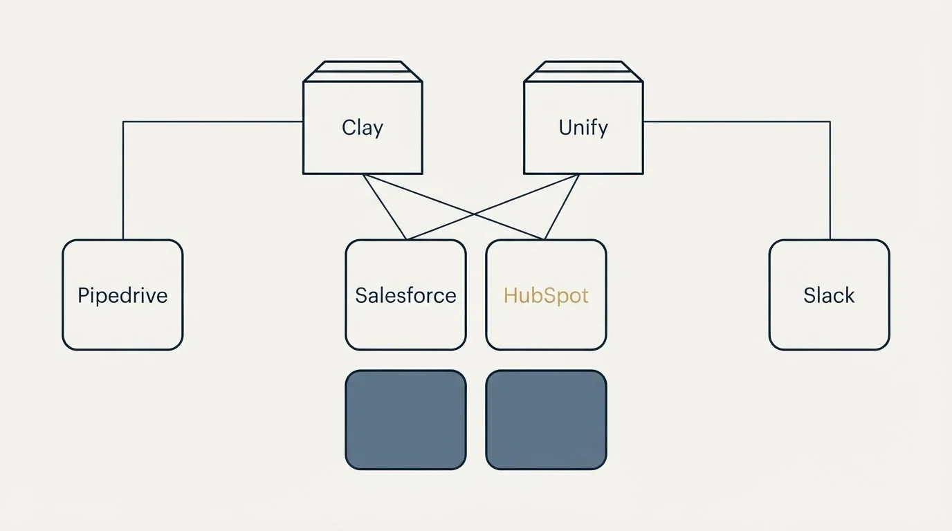 Integration grid: Integration Ecosystem (Clay, Unify, Salesforce, HubSpot)