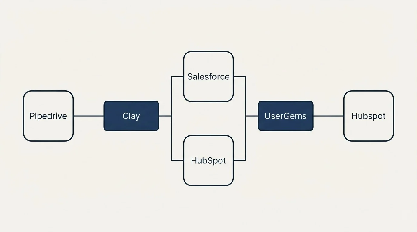 Integration flow: Integration Ecosystem (Clay, UserGems, Salesforce, HubSpot)