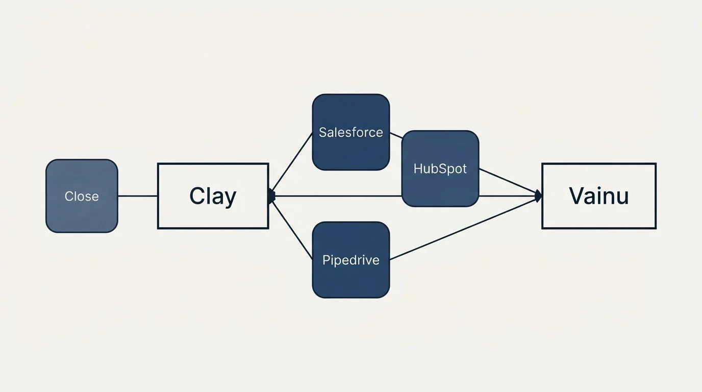 Integration schematic: Integration Ecosystem (Clay, Vainu, Salesforce, HubSpot)