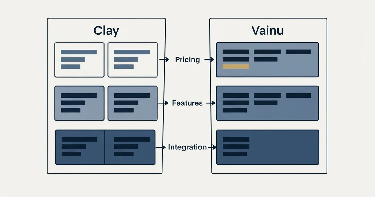 Comparison panel: Clay vs Vainu (Pricing, Features, Integration)