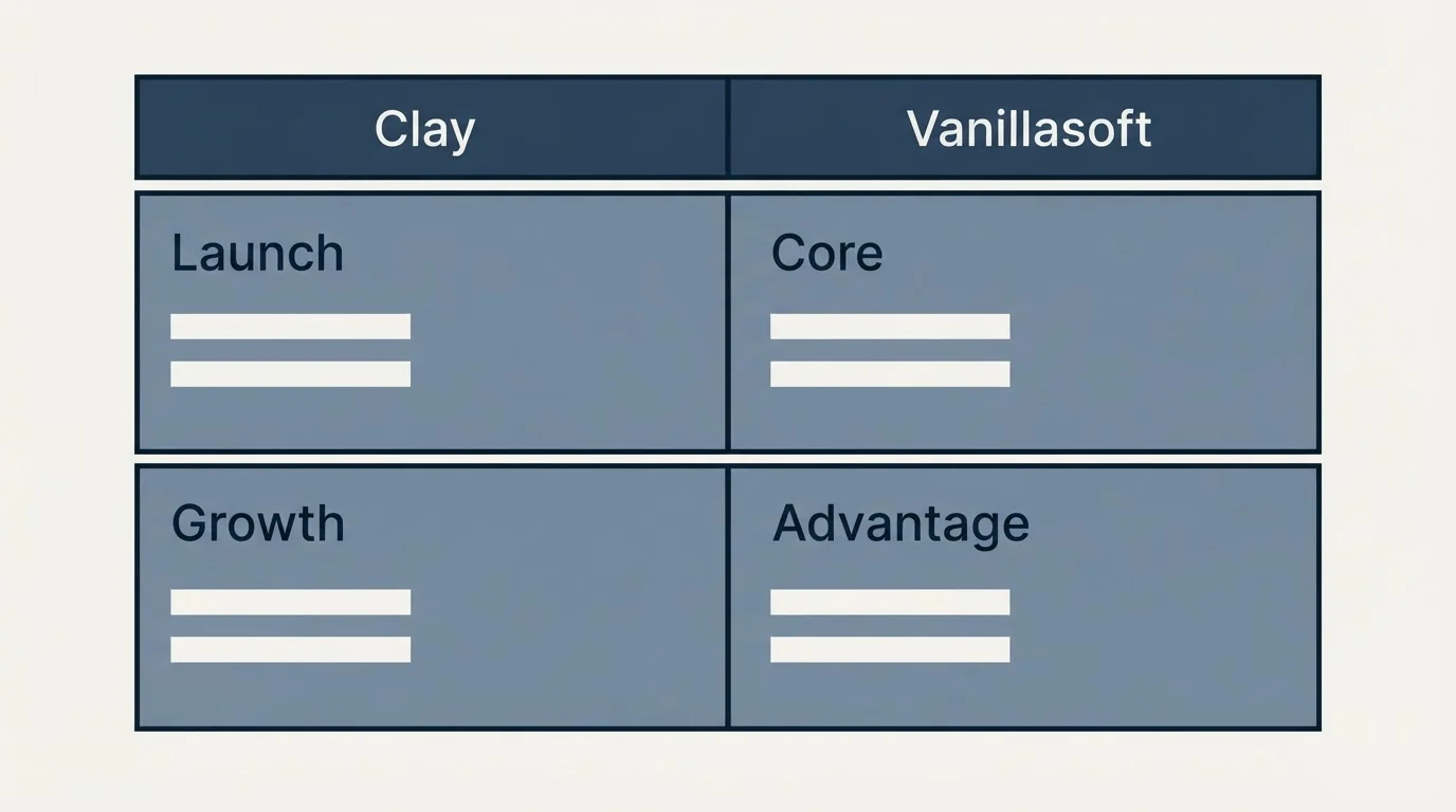 Pricing table: Pricing Comparison (Clay, Vanillasoft, Launch, Core)