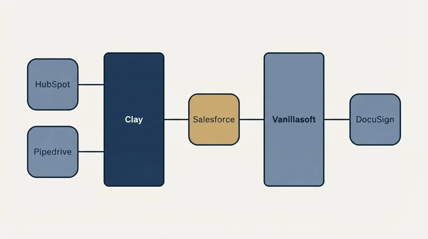 Integration schematic: Integration Ecosystem (Clay, Vanillasoft, Salesforce, HubSpot)