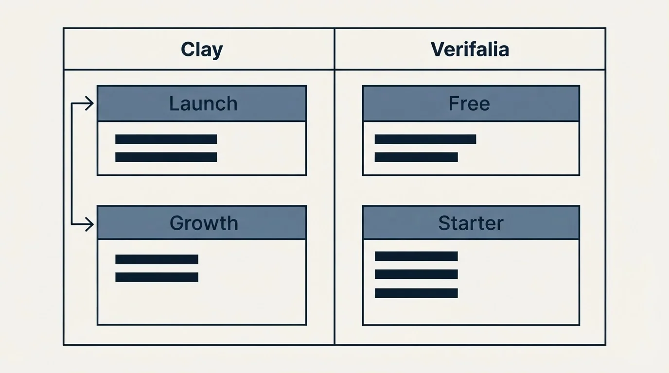 Pricing table: Pricing Comparison (Clay, Verifalia, Launch, Free)