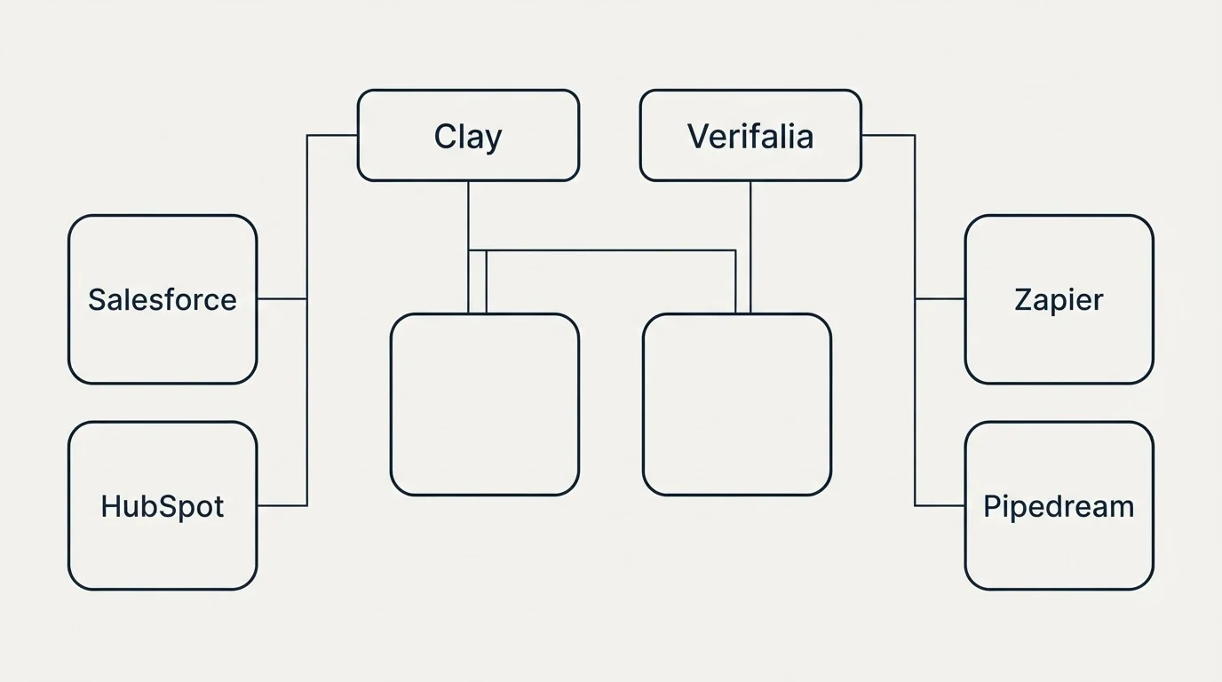 Integration grid: Integration Ecosystem (Clay, Verifalia, Salesforce, Zapier)