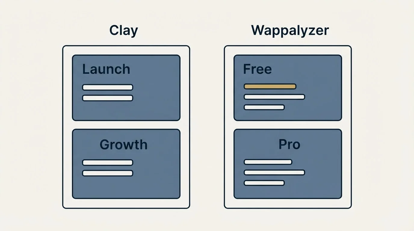 Pricing panels: Pricing Comparison (Clay, Wappalyzer, Launch, Free)