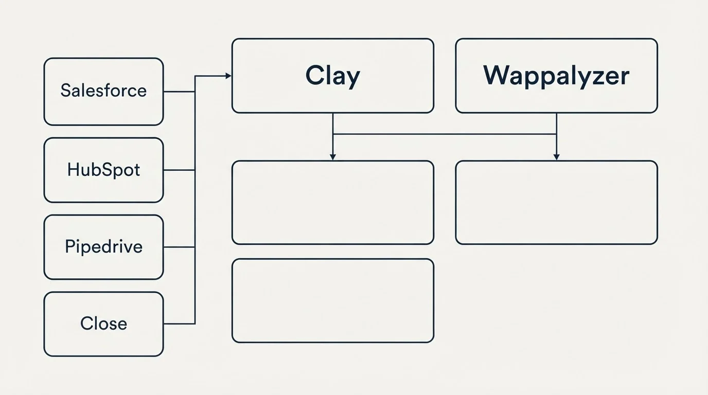 Integration grid: Integration Ecosystem (Clay, Wappalyzer, Salesforce, HubSpot)