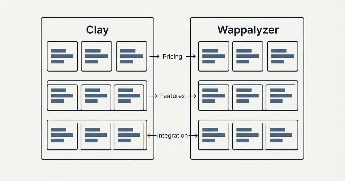 Comparison panel: Clay vs Wappalyzer (Pricing, Features, Integration)