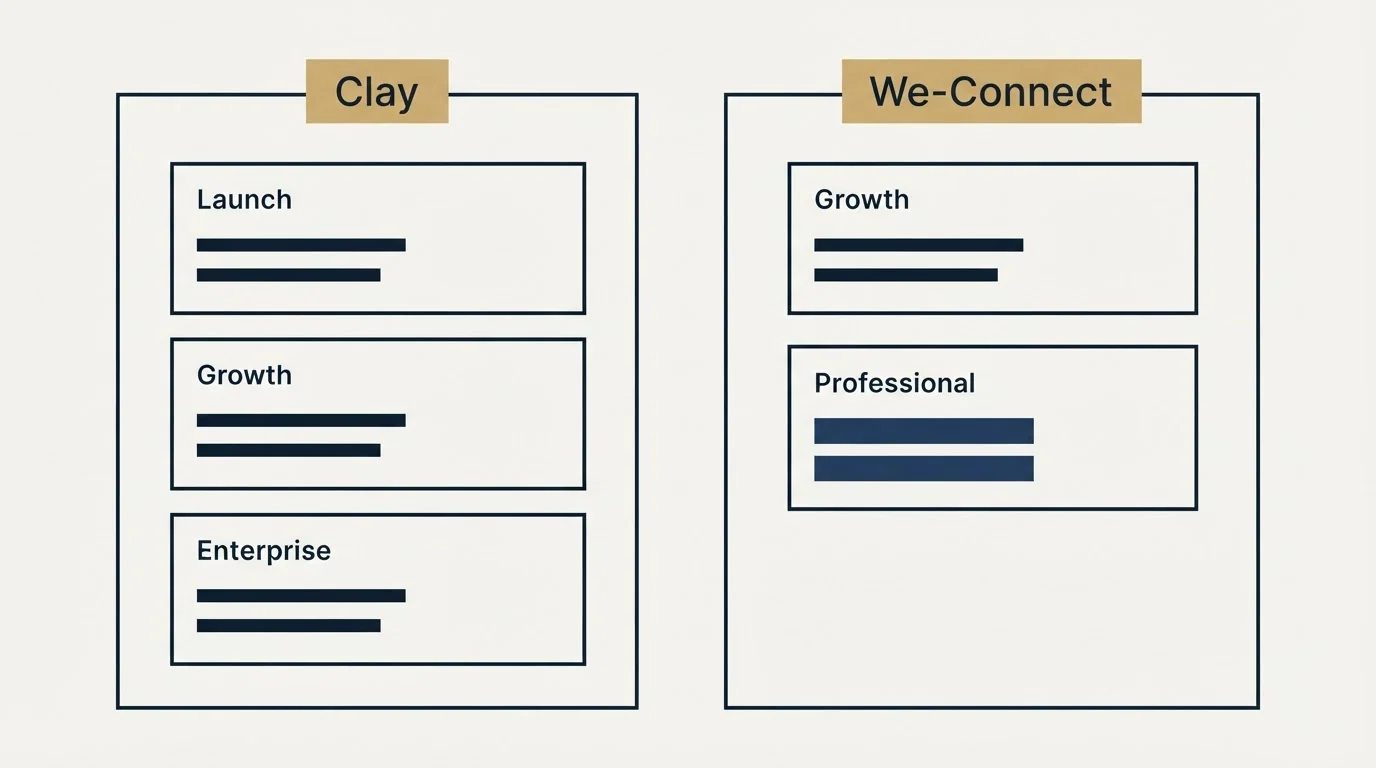 Pricing panels: Pricing Comparison (Clay, We-Connect, Launch, Growth)