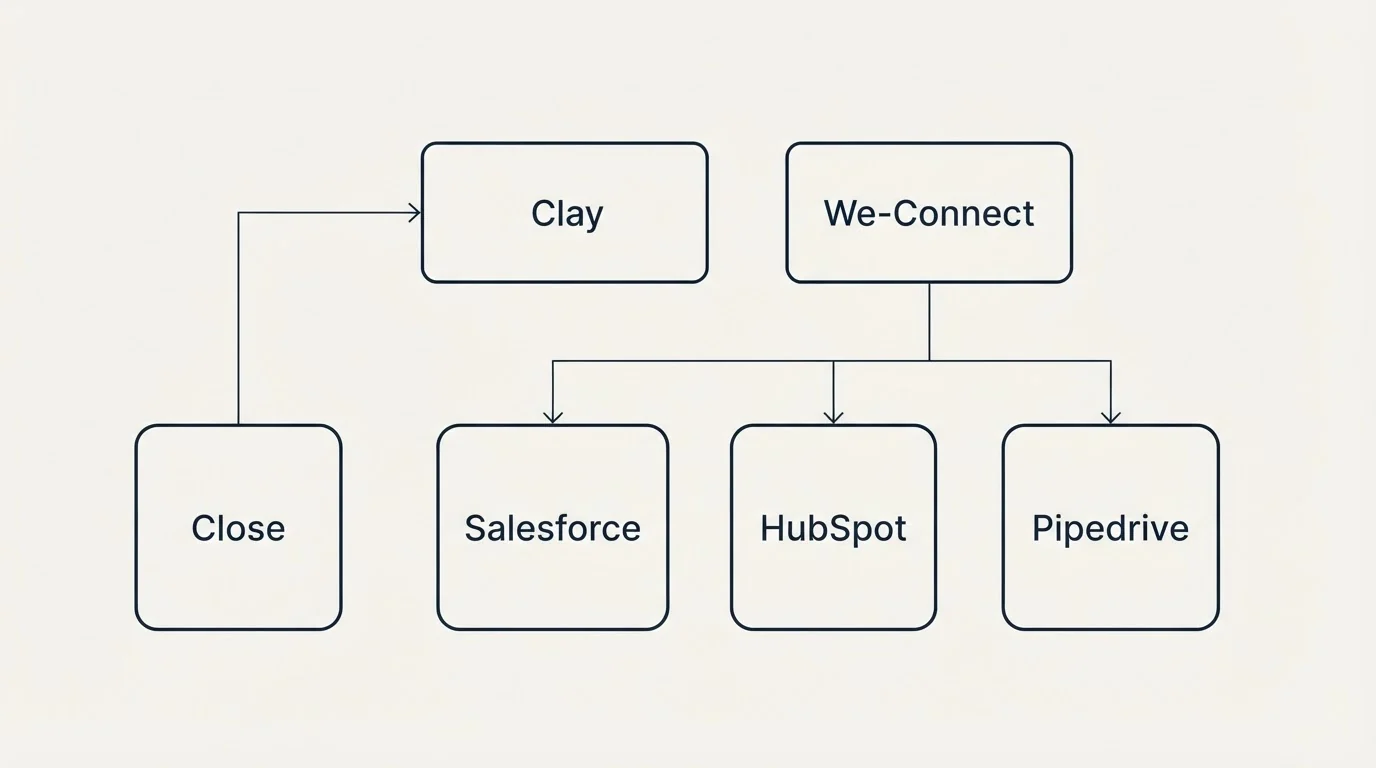 Integration grid: Integration Ecosystem (Clay, We-Connect, Salesforce, HubSpot)