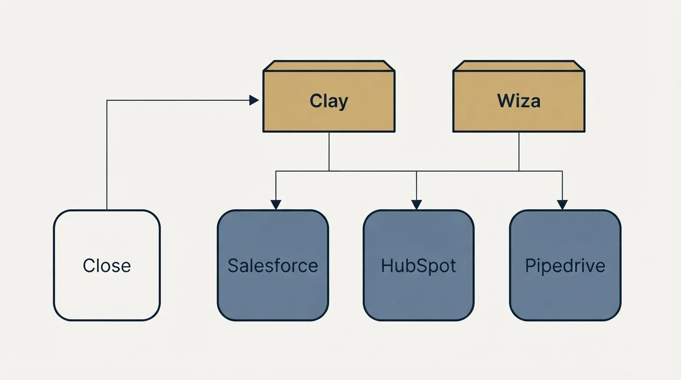 Integration grid: Integration Ecosystem (Clay, Wiza, Salesforce, HubSpot)