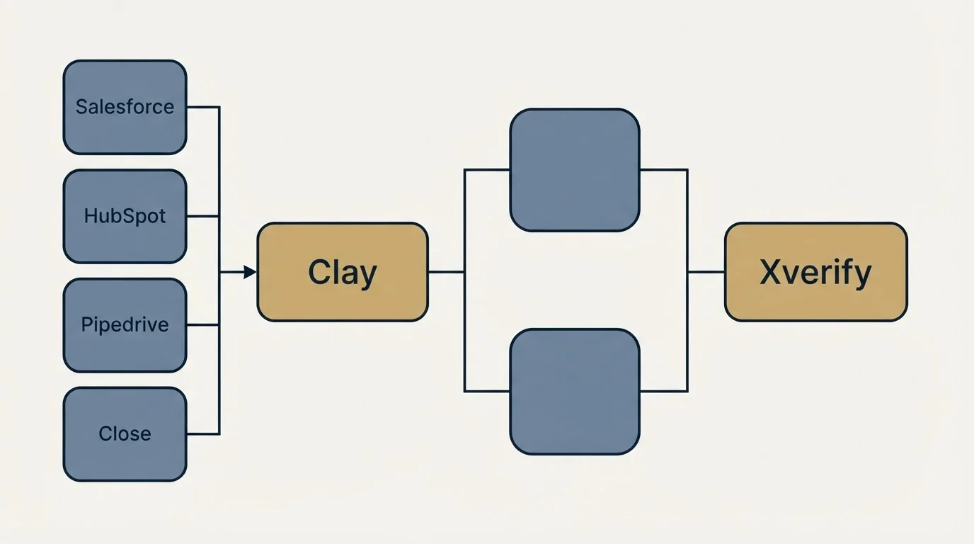 Integration flow: Integration Ecosystem (Clay, Xverify, Salesforce, HubSpot)