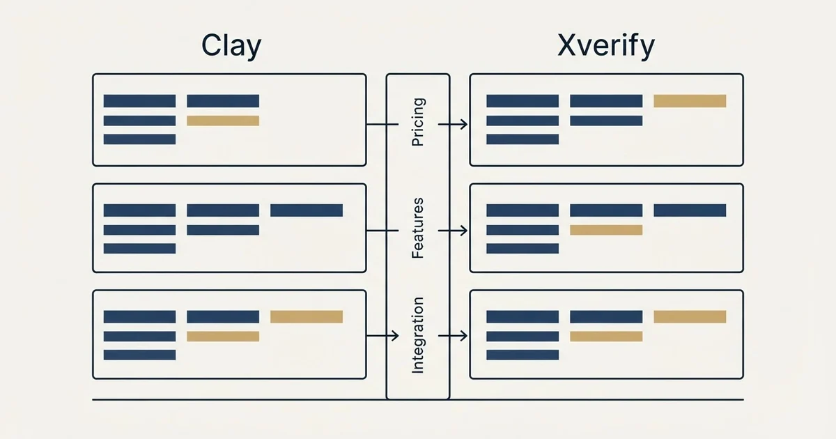 Comparison panel: Clay vs Xverify (Pricing, Features, Integration)